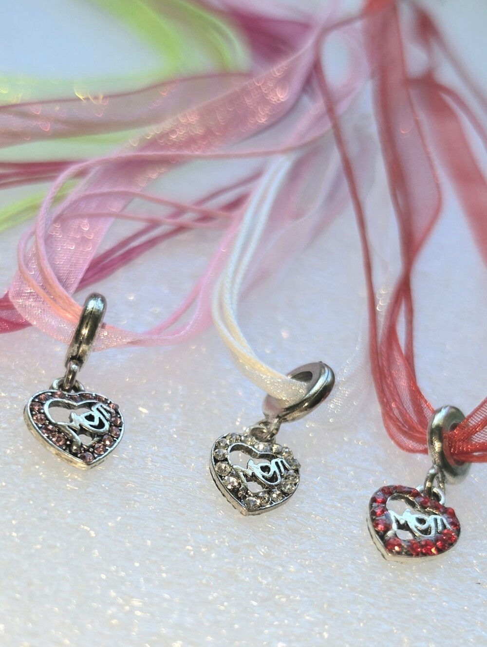 MOM Heart Crystal Pendant Ribbon Necklace Bright Neon Fluorescent Mothers Gift - Picture 2 of 16
